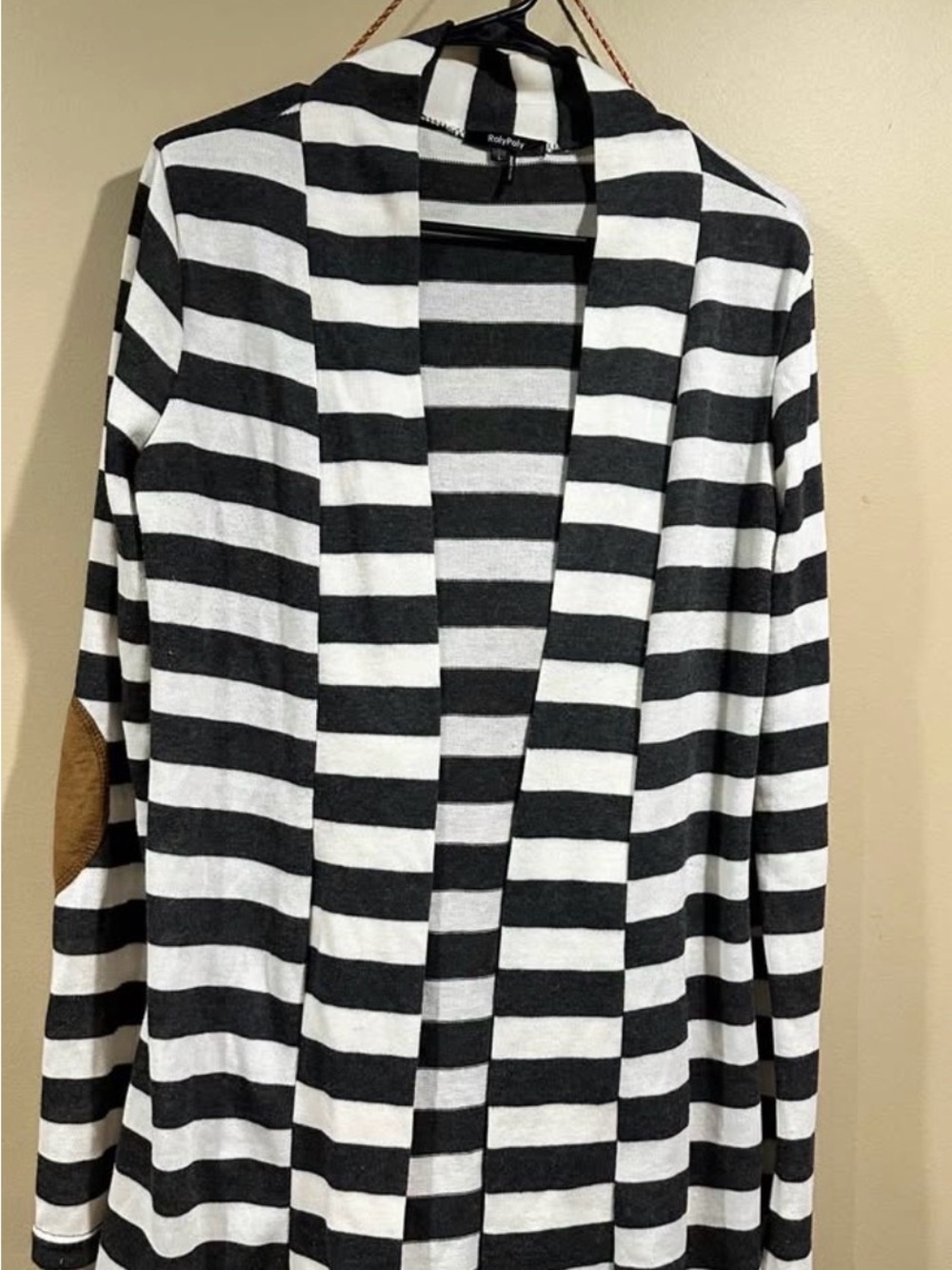 Striped Black and White Open-Front Cardigan with Elbow Patches